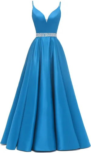 Yexinbridal Satin Prom Dresses Long for Women 2025 Spaghetti Straps Beaded V-Neck Formal Evening Party Gowns