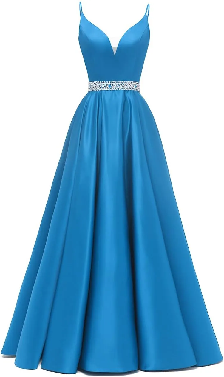 Yexinbridal Satin Prom Dresses Long for Women 2025 Spaghetti Straps Beaded V-Neck Formal Evening Party Gowns