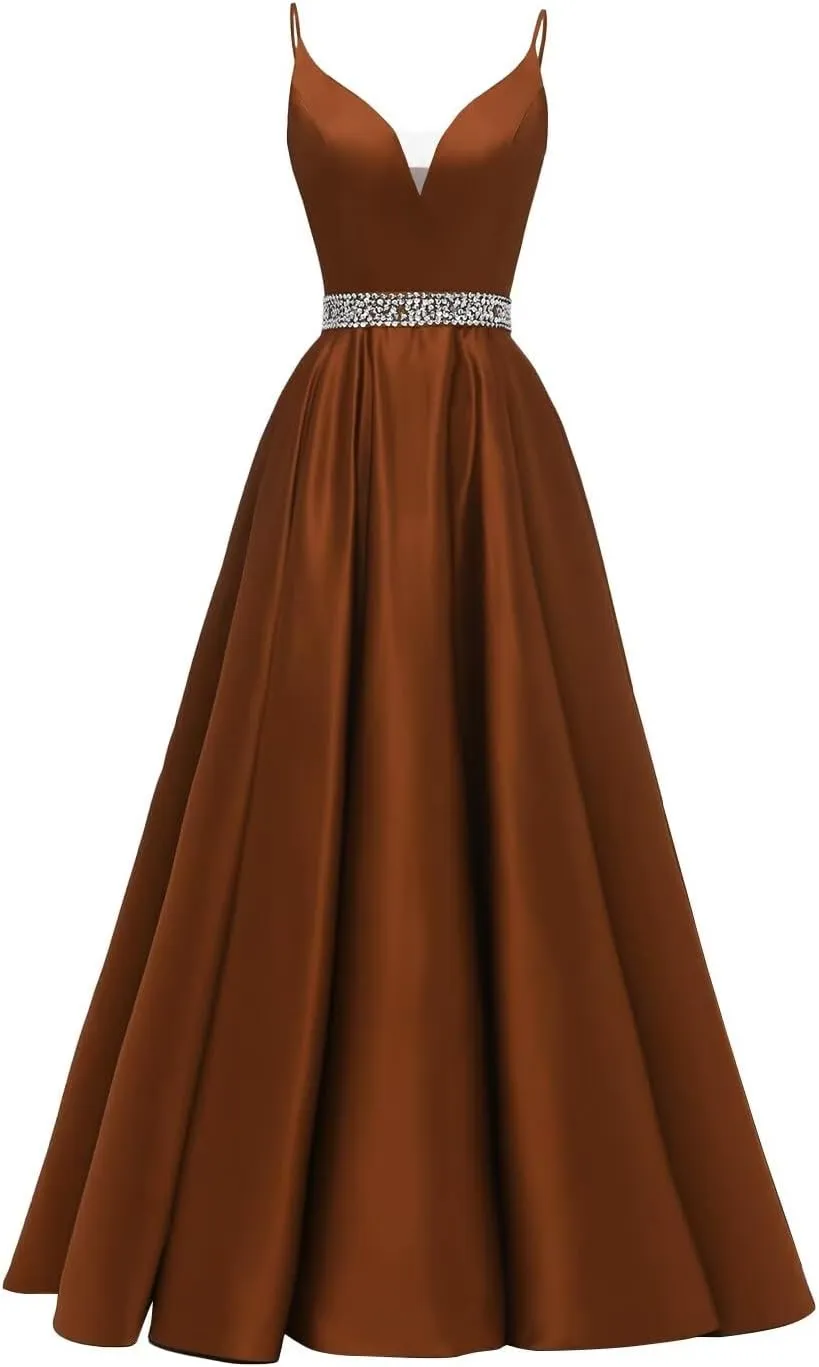 Yexinbridal Satin Prom Dresses Long for Women 2025 Spaghetti Straps Beaded V-Neck Formal Evening Party Gowns