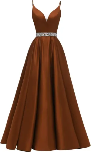 Yexinbridal Satin Prom Dresses Long for Women 2025 Spaghetti Straps Beaded V-Neck Formal Evening Party Gowns