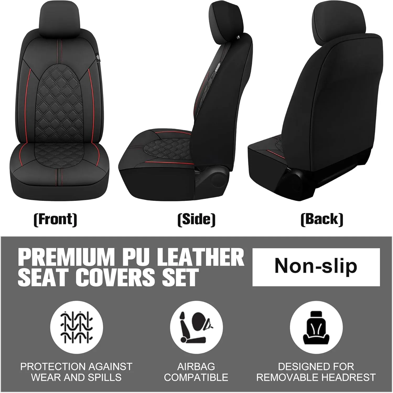 YGL Luxury PU Leather Car Seat Covers Front Set, Non-Slip Seat Cover Protectors, Universal Fit for Cars, Trucks, SUVs, Vans, Pickups, Airbag Compatible, Seat Covers for Car Interior (Black/Red)