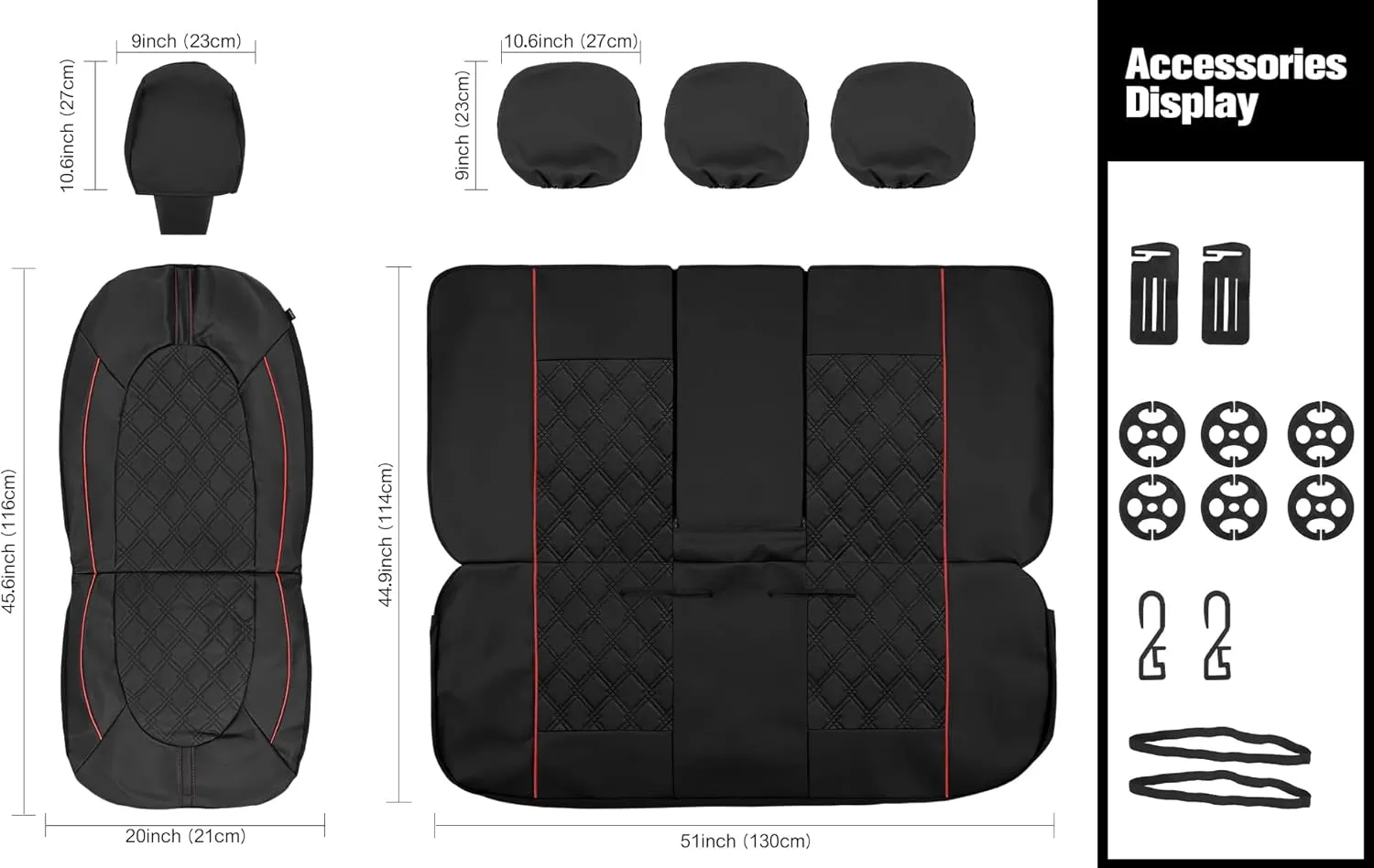 YGL Luxury PU Leather Car Seat Covers Front Set, Non-Slip Seat Cover Protectors, Universal Fit for Cars, Trucks, SUVs, Vans, Pickups, Airbag Compatible, Seat Covers for Car Interior (Black/Red)