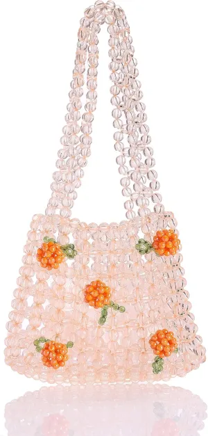 YIFEI Women Orange Colored Transparent Flower Beaded Acrylic Shoulderbag Evening Bags for Wedding Party