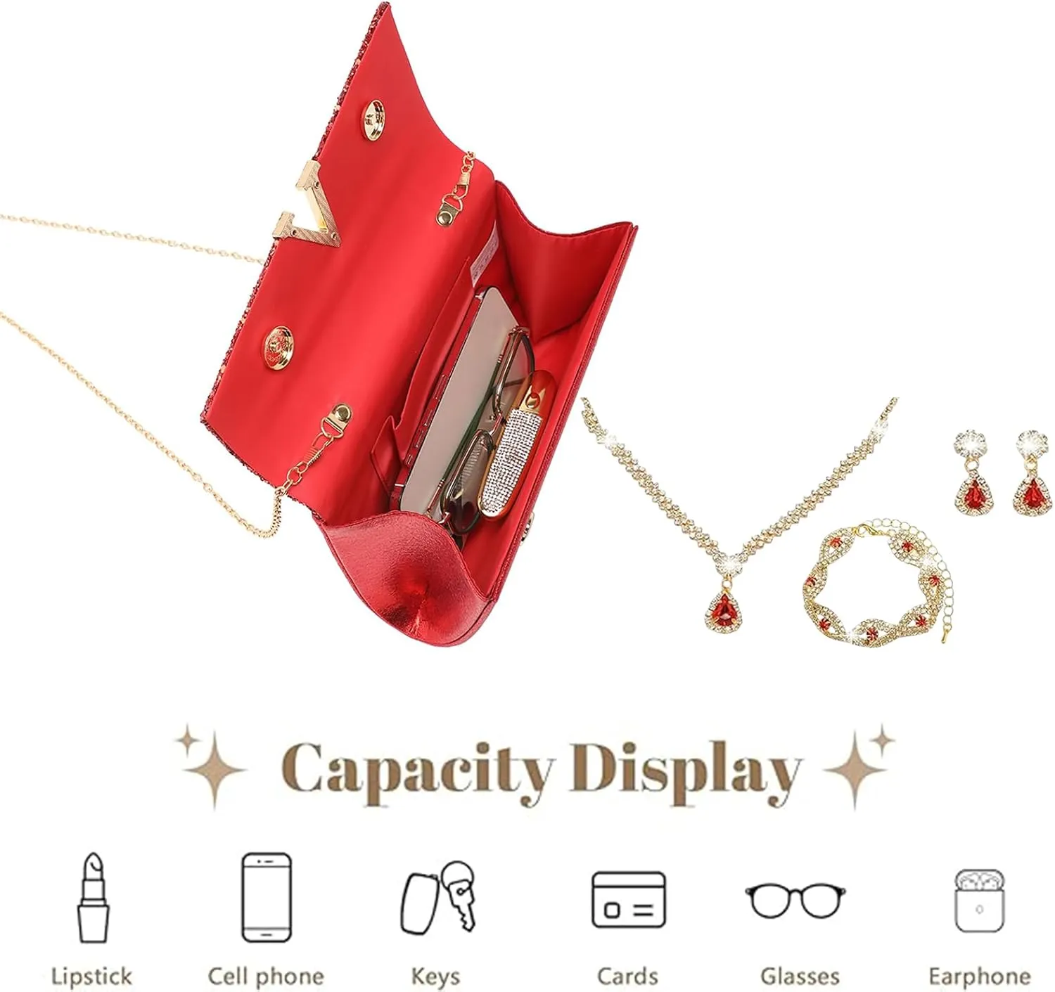 YYW 4 Pieces Women Evening Handbags Clutch Purse Bag with Rhinestone Crystal Jewelry Set for Wedding Party