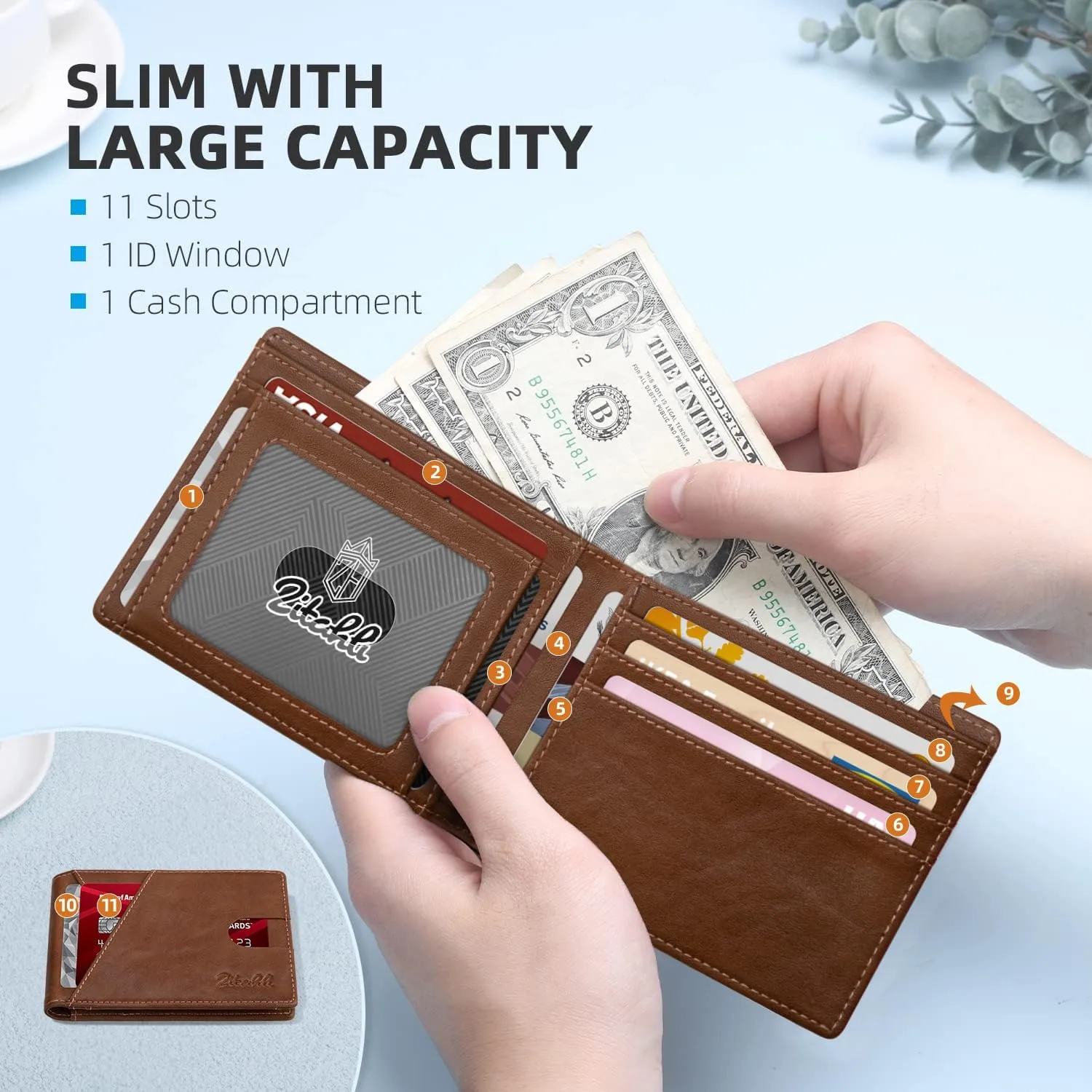 Zitahli Men's Slim RFID Blocking Leather Wallet - Premium Bifold Front Pocket Wallet with Gift Box,Leather Card Holder for Everyday Carry