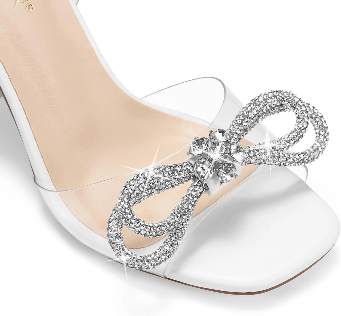 ZURIN Women's Rhinestone Bow Heels Square Toe Clear Heeled Sandals Slingback High Heels Dress Party Evening Prom Crystal Shoes