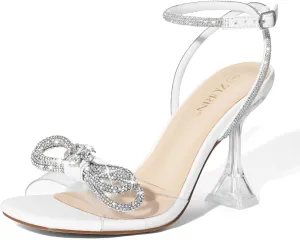 ZURIN Women's Rhinestone Bow Heels Square Toe Clear Heeled Sandals Slingback High Heels Dress Party Evening Prom Crystal Shoes