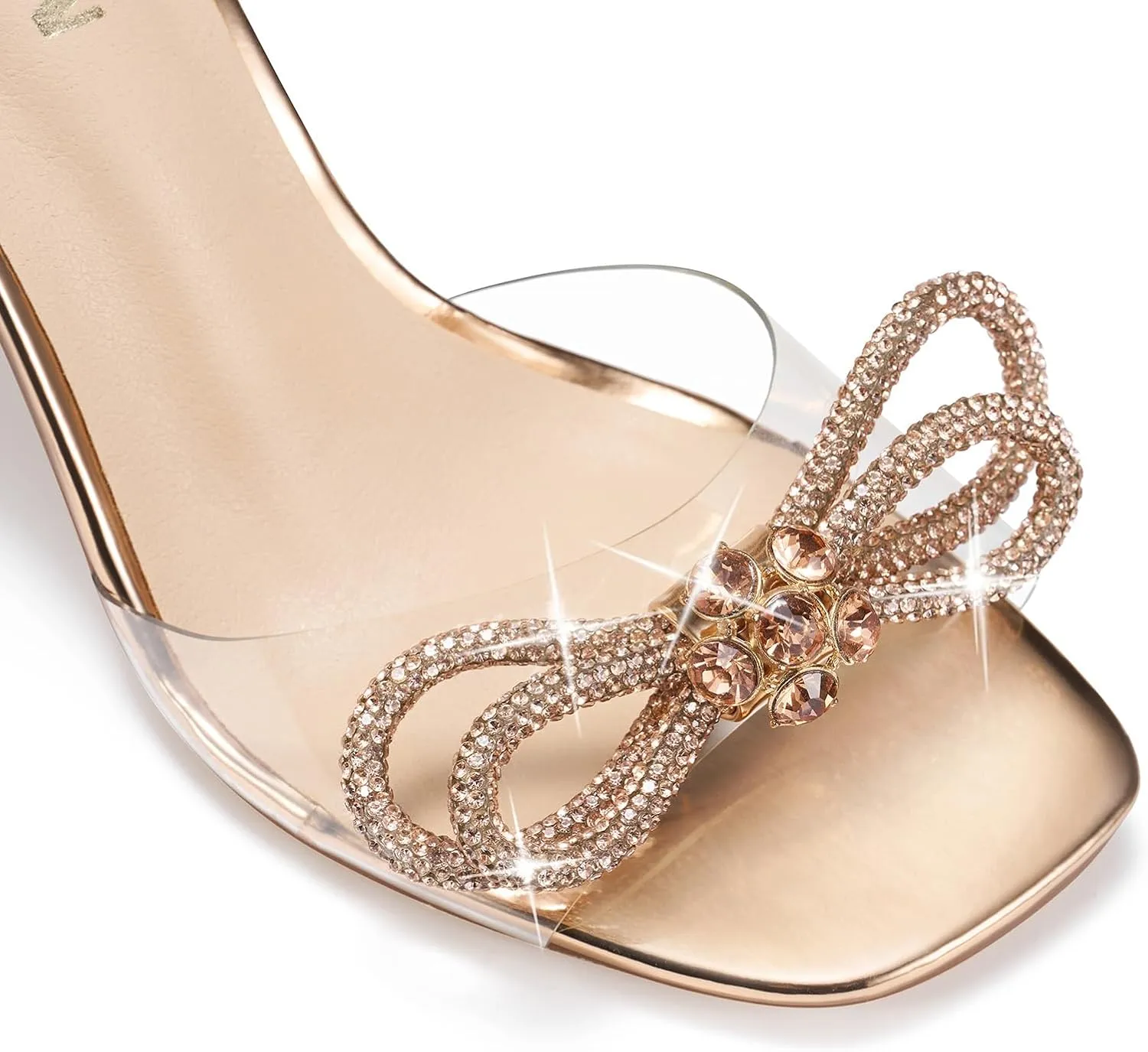 ZURIN Women's Rhinestone Bow Heels Square Toe Clear Heeled Sandals Slingback High Heels Dress Party Evening Prom Crystal Shoes