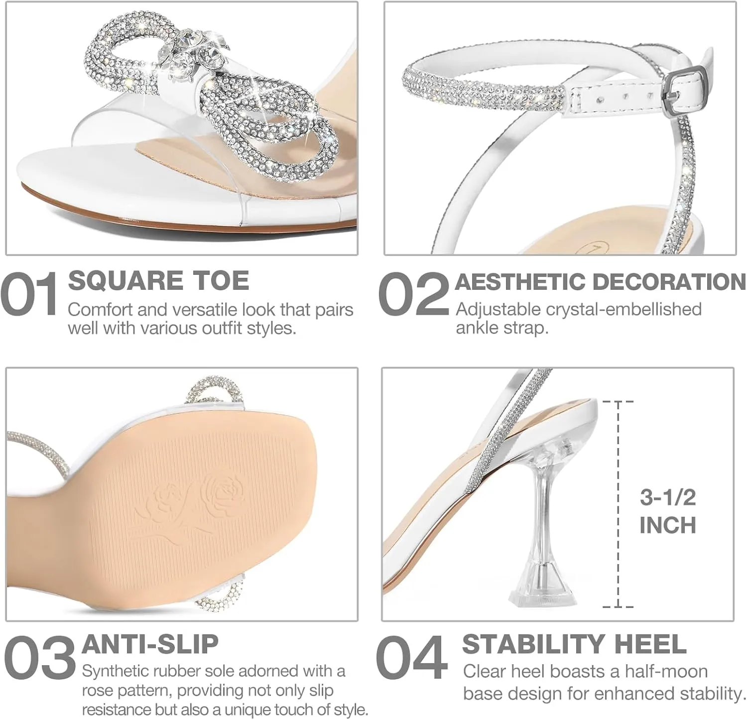 ZURIN Women's Rhinestone Bow Heels Square Toe Clear Heeled Sandals Slingback High Heels Dress Party Evening Prom Crystal Shoes