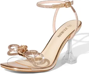 ZURIN Women's Rhinestone Bow Heels Square Toe Clear Heeled Sandals Slingback High Heels Dress Party Evening Prom Crystal Shoes