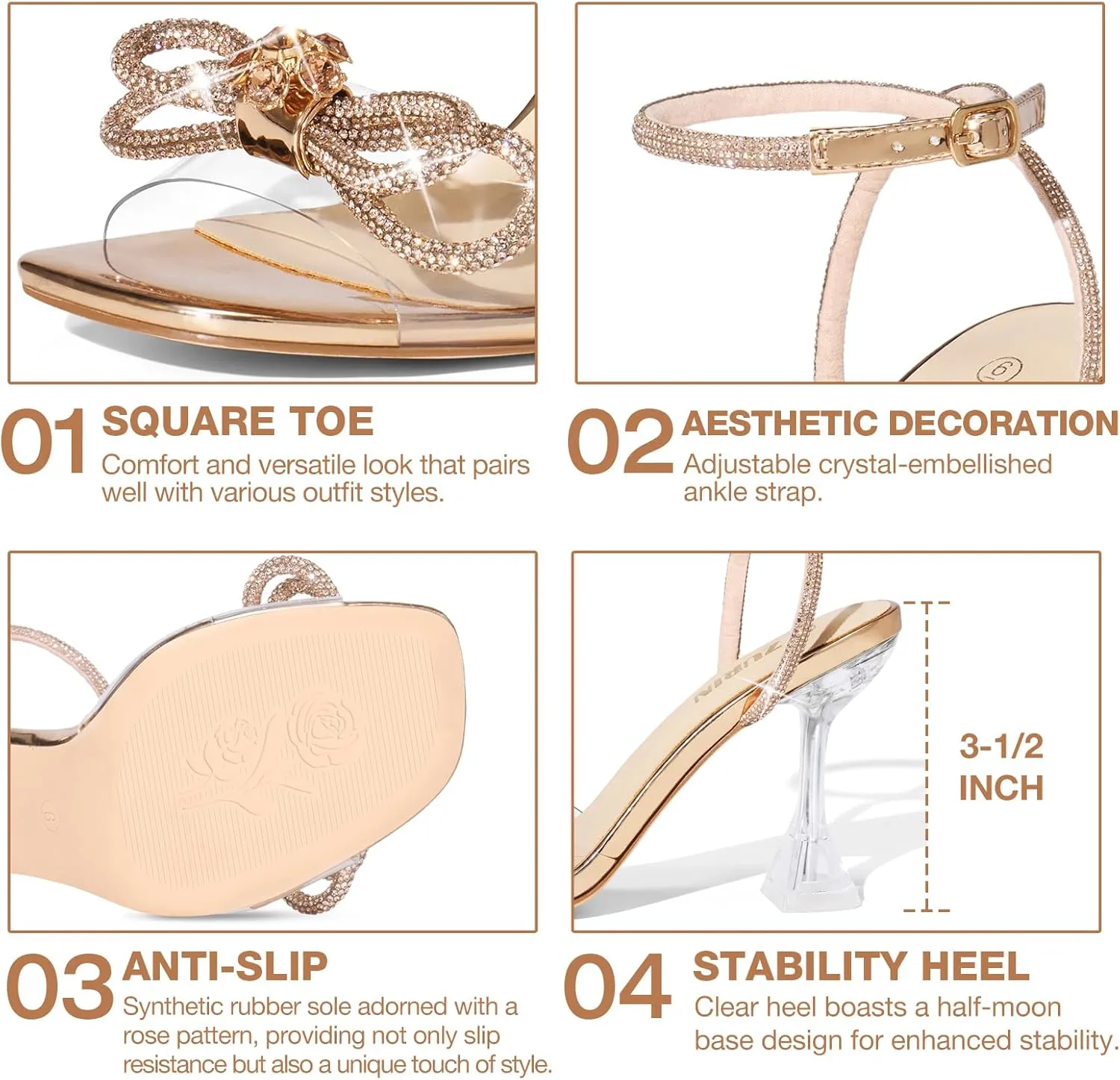 ZURIN Women's Rhinestone Bow Heels Square Toe Clear Heeled Sandals Slingback High Heels Dress Party Evening Prom Crystal Shoes