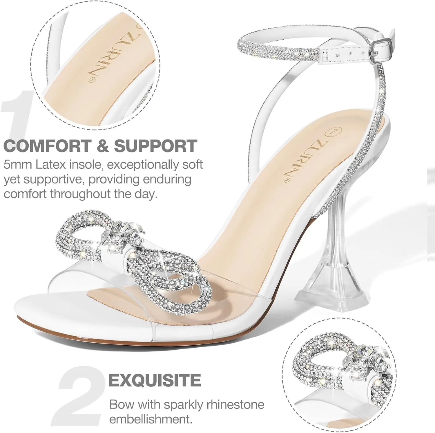 ZURIN Women's Rhinestone Bow Heels Square Toe Clear Heeled Sandals Slingback High Heels Dress Party Evening Prom Crystal Shoes