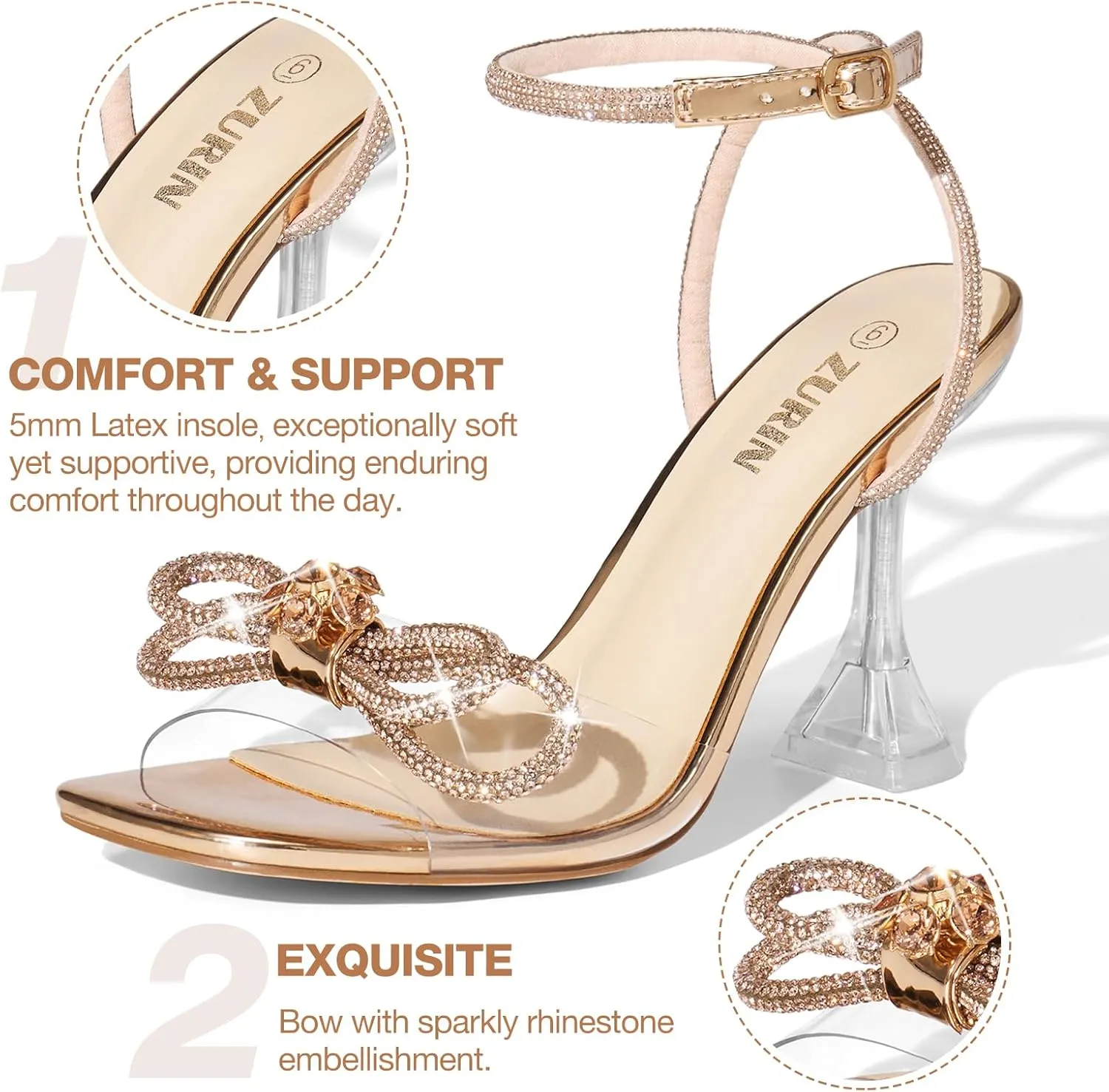 ZURIN Women's Rhinestone Bow Heels Square Toe Clear Heeled Sandals Slingback High Heels Dress Party Evening Prom Crystal Shoes