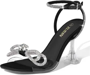 ZURIN Women's Rhinestone Bow Heels Square Toe Clear Heeled Sandals Slingback High Heels Dress Party Evening Prom Crystal Shoes