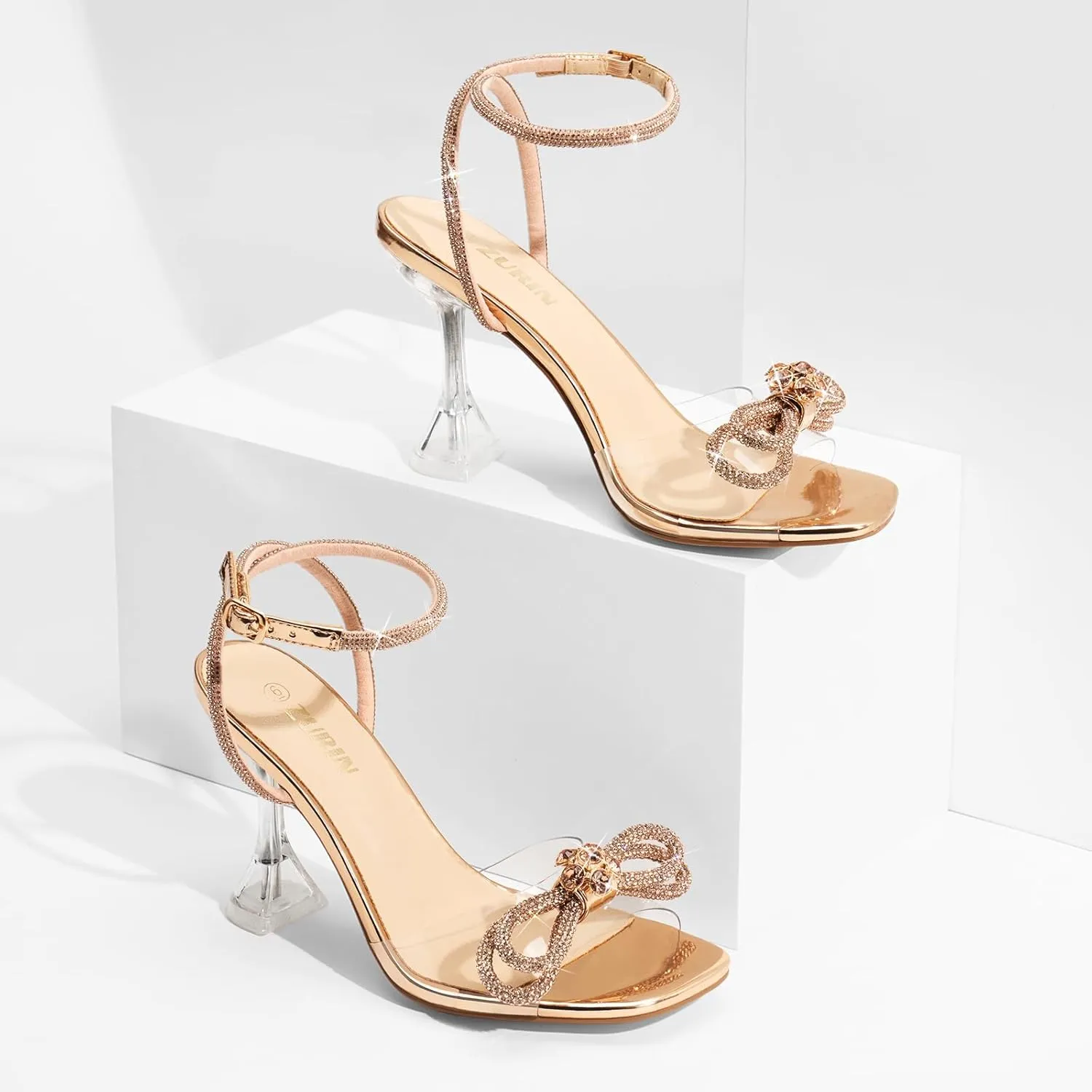 ZURIN Women's Rhinestone Bow Heels Square Toe Clear Heeled Sandals Slingback High Heels Dress Party Evening Prom Crystal Shoes